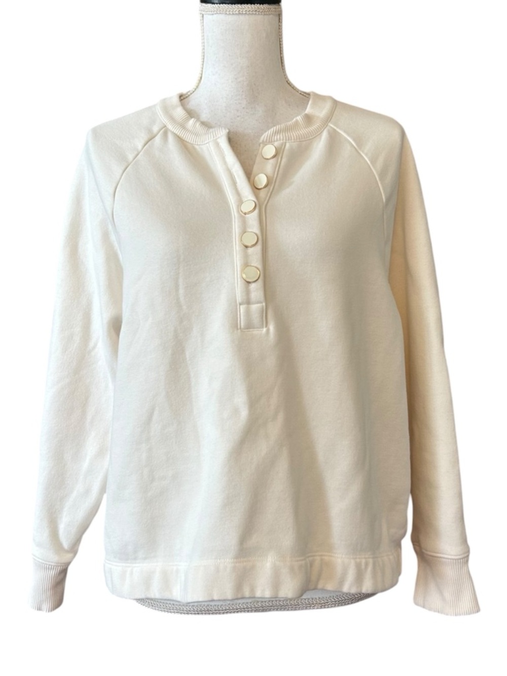 Ann Taylor Weekend Henley Quarter Enamel Buttons Pullover Sweatshirt LP in Cream